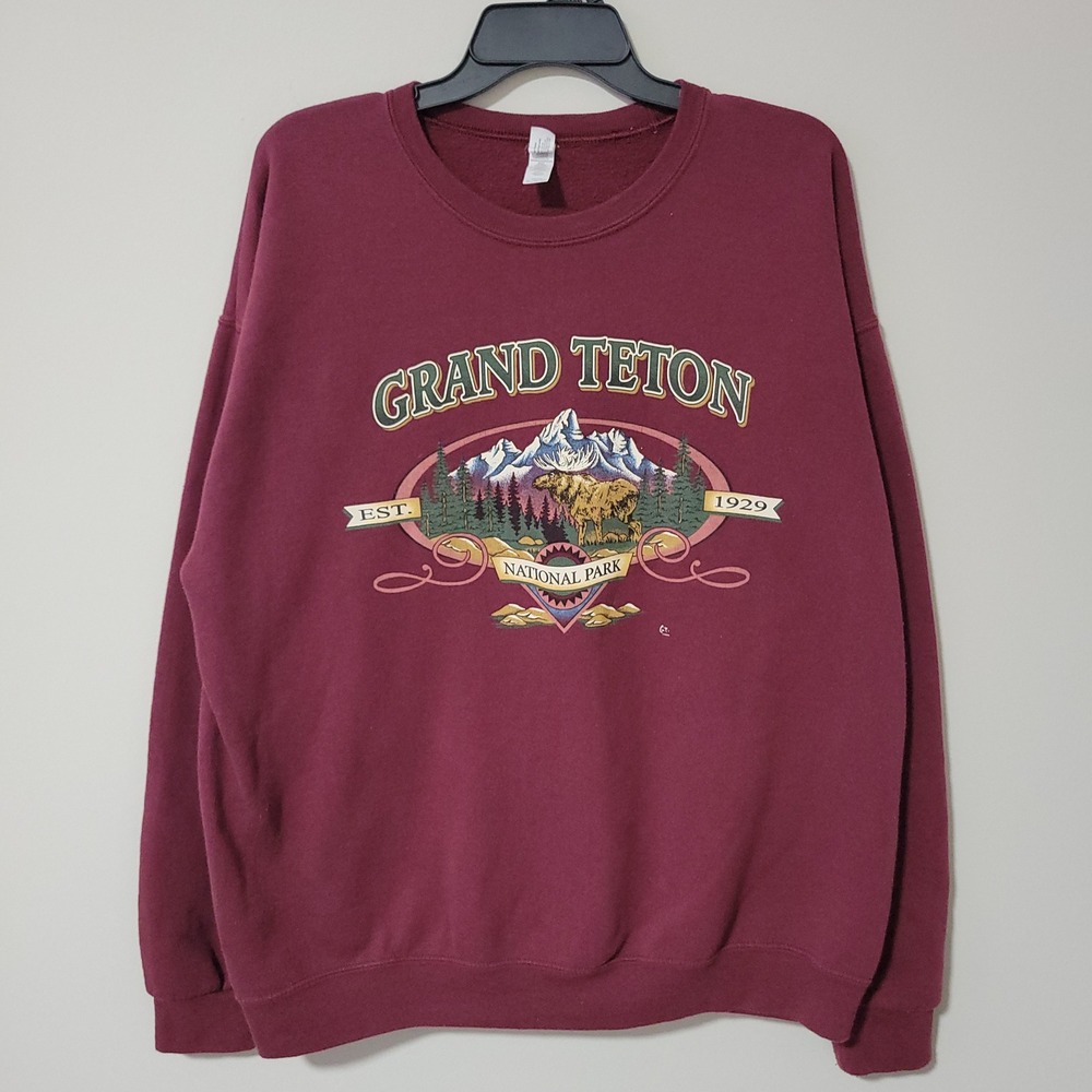Vintage Jerzees Grand Teton National Park Sweatshirt Mens XL Maroon Moose